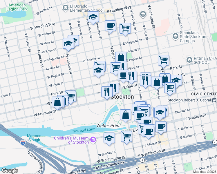 map of restaurants, bars, coffee shops, grocery stores, and more near 104 West Park Street in Stockton