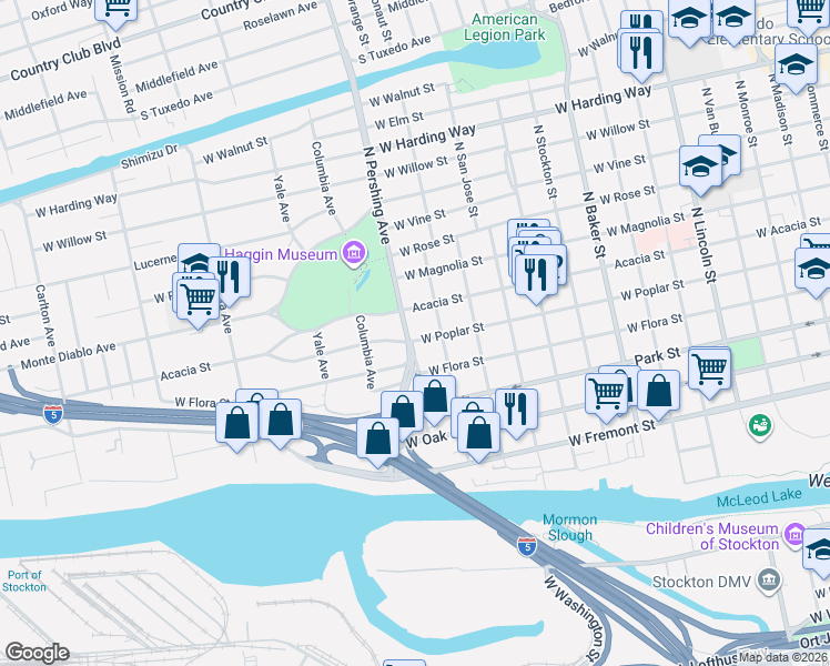 map of restaurants, bars, coffee shops, grocery stores, and more near 929 North Orange Street in Stockton