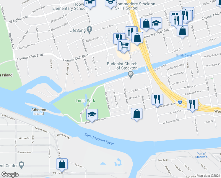 map of restaurants, bars, coffee shops, grocery stores, and more near 2922 Shimizu Drive in Stockton