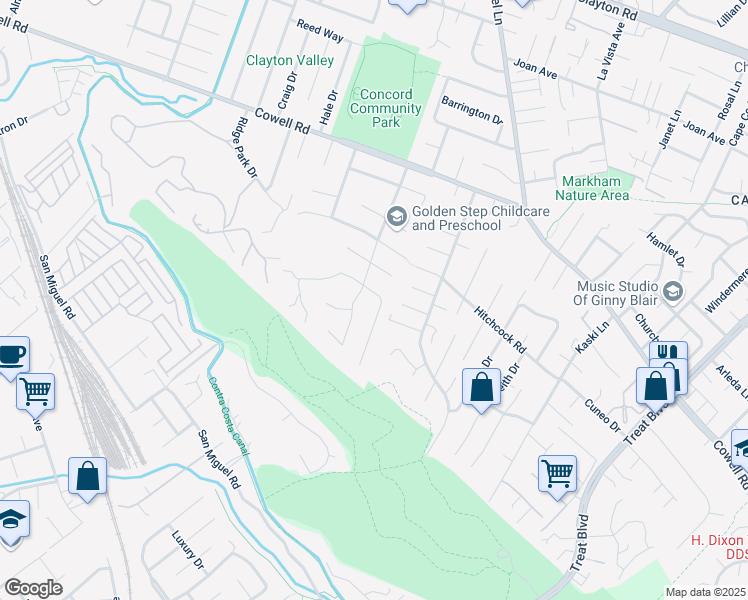 map of restaurants, bars, coffee shops, grocery stores, and more near 3703 Northridge Drive in Concord