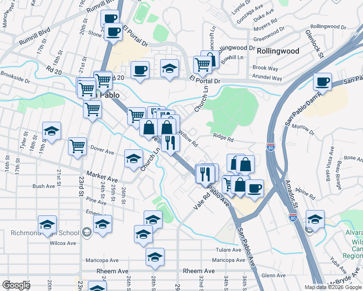 map of restaurants, bars, coffee shops, grocery stores, and more near 13700 Willow Road in San Pablo