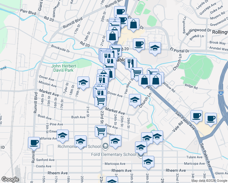 map of restaurants, bars, coffee shops, grocery stores, and more near 1943 Powell Street in San Pablo