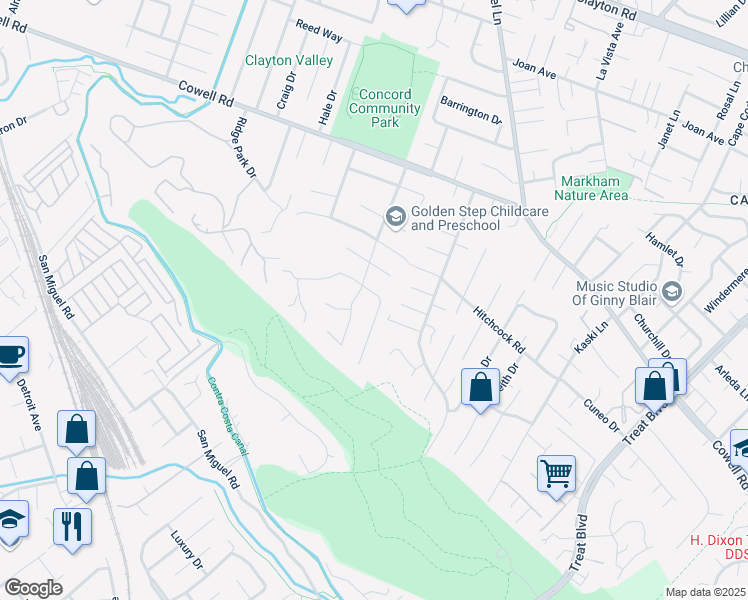 map of restaurants, bars, coffee shops, grocery stores, and more near 3710 Northridge Drive in Concord
