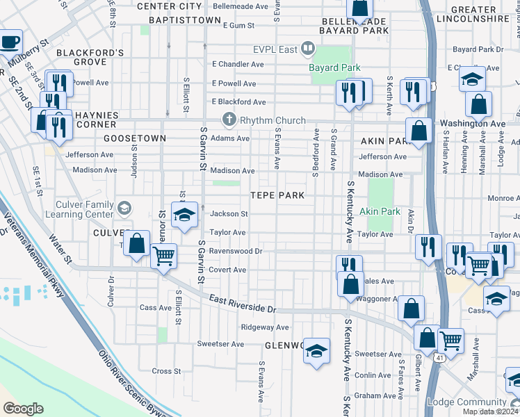 map of restaurants, bars, coffee shops, grocery stores, and more near 711 Monroe Avenue in Evansville