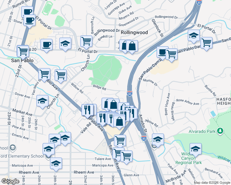 map of restaurants, bars, coffee shops, grocery stores, and more near 2703 Vale Road in San Pablo