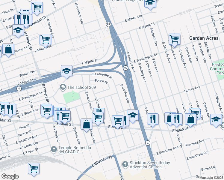 map of restaurants, bars, coffee shops, grocery stores, and more near 3441 Forest Drive in Stockton