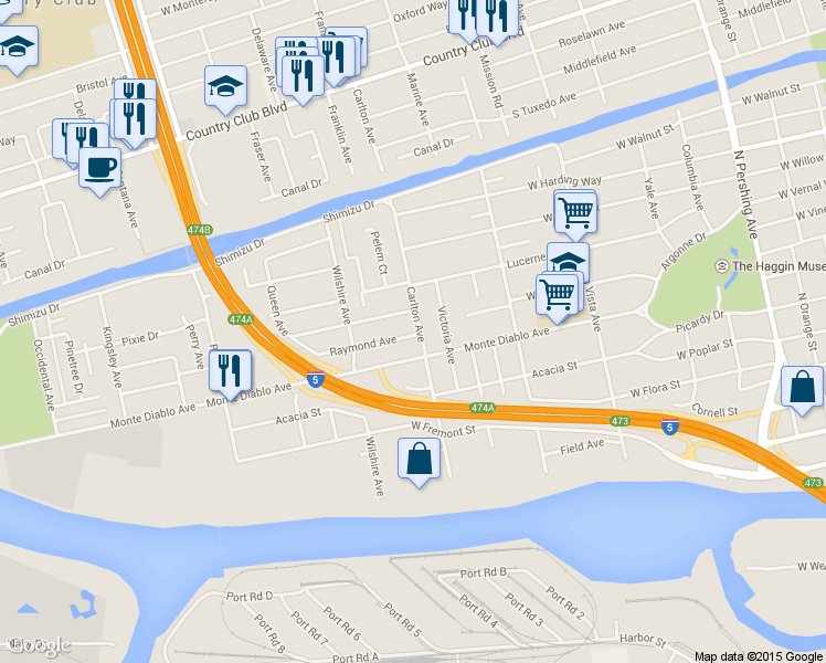 map of restaurants, bars, coffee shops, grocery stores, and more near 2108 West Rose Street in Stockton