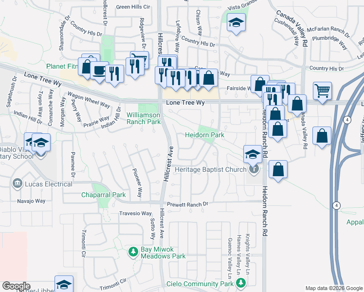 map of restaurants, bars, coffee shops, grocery stores, and more near 5367 Rockrose Way in Antioch