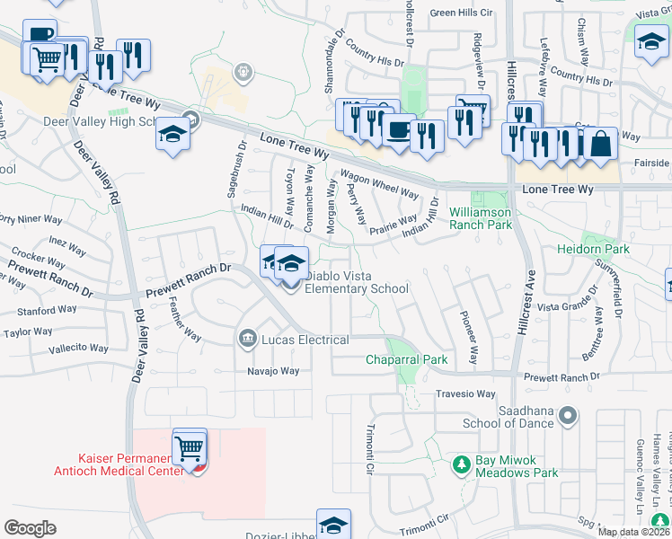 map of restaurants, bars, coffee shops, grocery stores, and more near 5112 Grass Valley Way in Antioch
