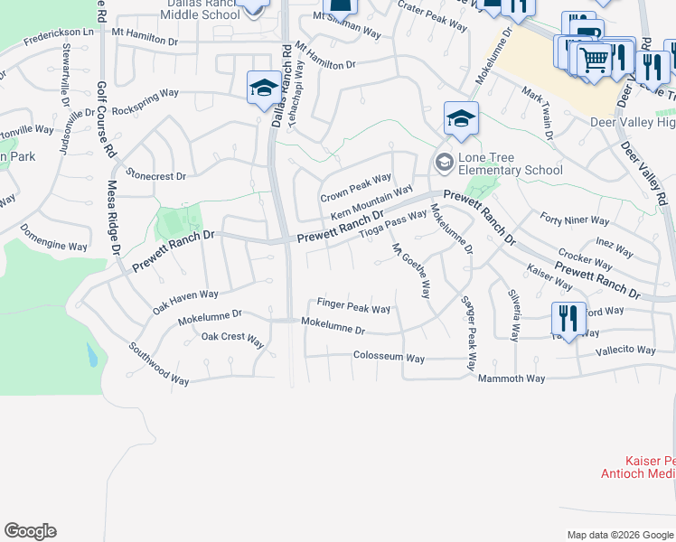 map of restaurants, bars, coffee shops, grocery stores, and more near 1838 Buck Mountain Court in Antioch