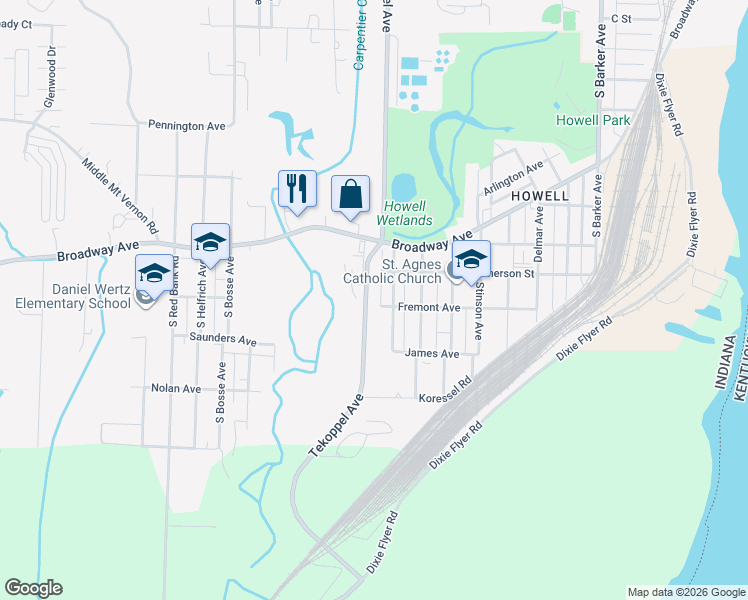 map of restaurants, bars, coffee shops, grocery stores, and more near 1703 South Tekoppel Avenue in Evansville