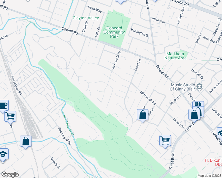 map of restaurants, bars, coffee shops, grocery stores, and more near 3710 Northridge Drive in Concord