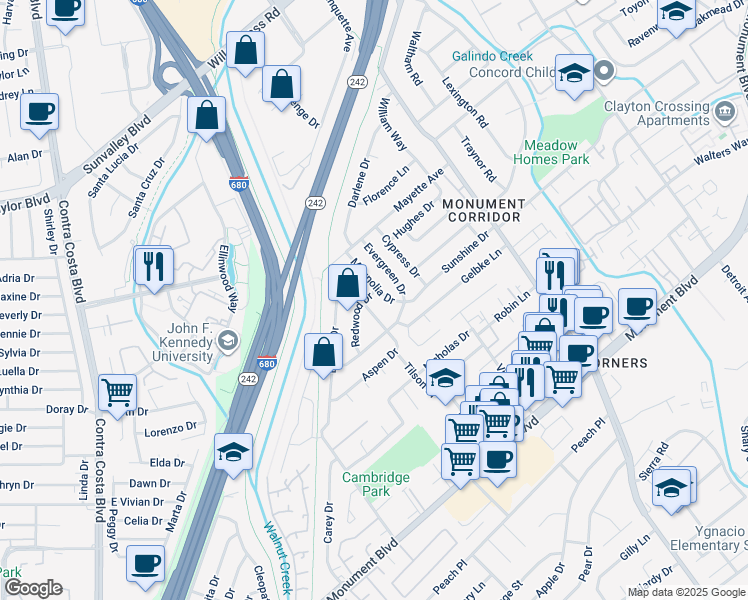 map of restaurants, bars, coffee shops, grocery stores, and more near 1286 Redwood Drive in Concord