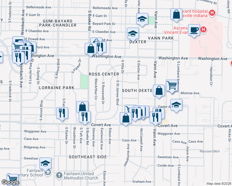 map of restaurants, bars, coffee shops, grocery stores, and more near 1231 South Villa Drive in Evansville