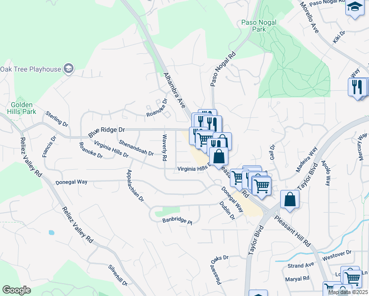 map of restaurants, bars, coffee shops, grocery stores, and more near 106 Henson Creek Court in Martinez