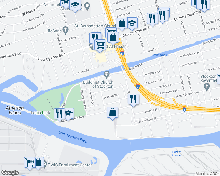 map of restaurants, bars, coffee shops, grocery stores, and more near 2845 Pixie Drive in Stockton