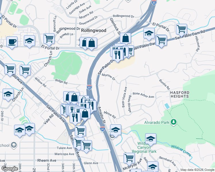 map of restaurants, bars, coffee shops, grocery stores, and more near 2990 San Pablo Dam Road in San Pablo