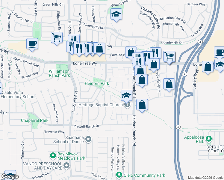 map of restaurants, bars, coffee shops, grocery stores, and more near 5208 Star Thistle Way in Antioch