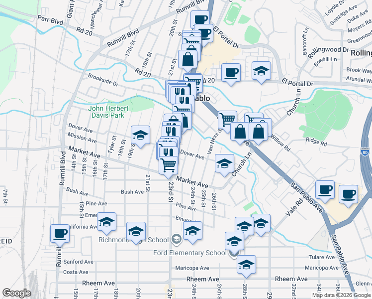 map of restaurants, bars, coffee shops, grocery stores, and more near 1943 Powell Street in San Pablo