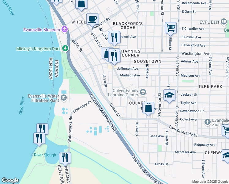 map of restaurants, bars, coffee shops, grocery stores, and more near 1322 Parrett Street in Evansville