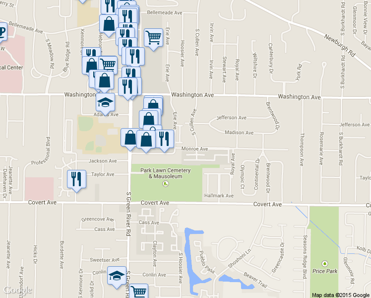 map of restaurants, bars, coffee shops, grocery stores, and more near 5151 Monroe Avenue in Evansville