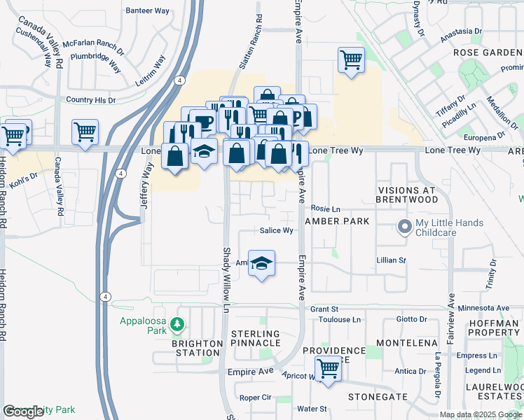 map of restaurants, bars, coffee shops, grocery stores, and more near 2400 Shady Willow Lane in Brentwood