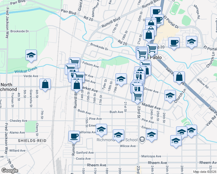 map of restaurants, bars, coffee shops, grocery stores, and more near 1865 18th Street in San Pablo