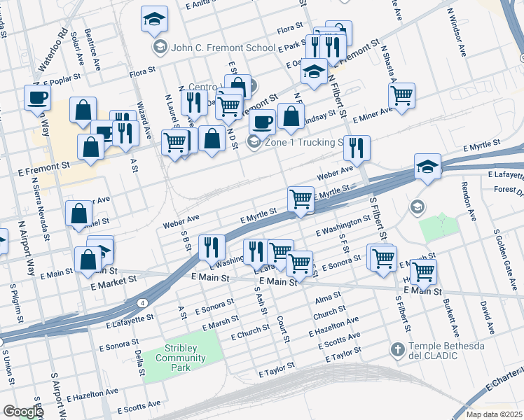 map of restaurants, bars, coffee shops, grocery stores, and more near 2211 East Myrtle Street in Stockton