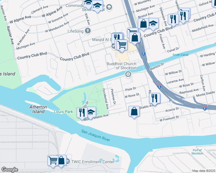 map of restaurants, bars, coffee shops, grocery stores, and more near 2937 Toyon Drive in Stockton