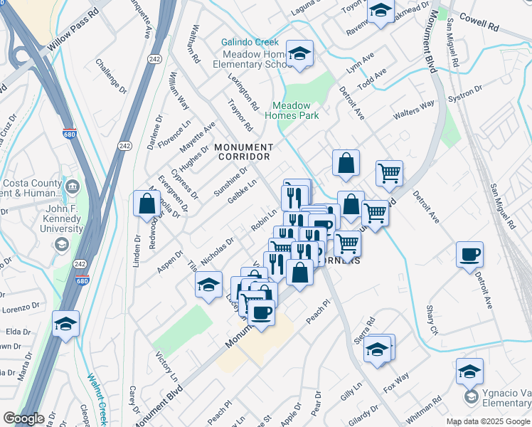 map of restaurants, bars, coffee shops, grocery stores, and more near 1867 Robin Lane in Concord