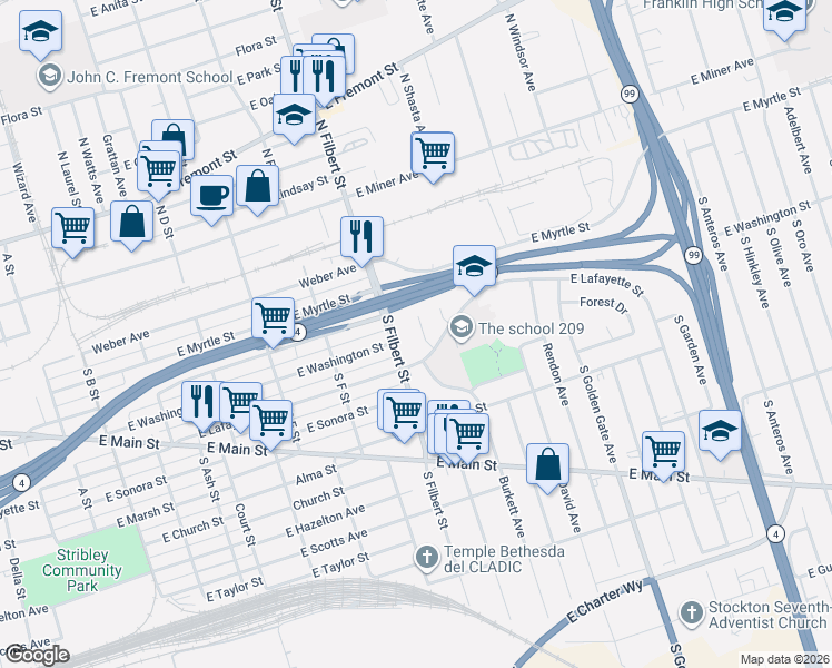 map of restaurants, bars, coffee shops, grocery stores, and more near 123 Glacier Court in Stockton