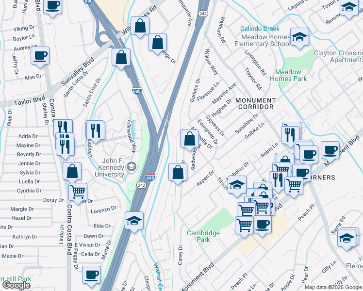 map of restaurants, bars, coffee shops, grocery stores, and more near 1381 May Court in Concord