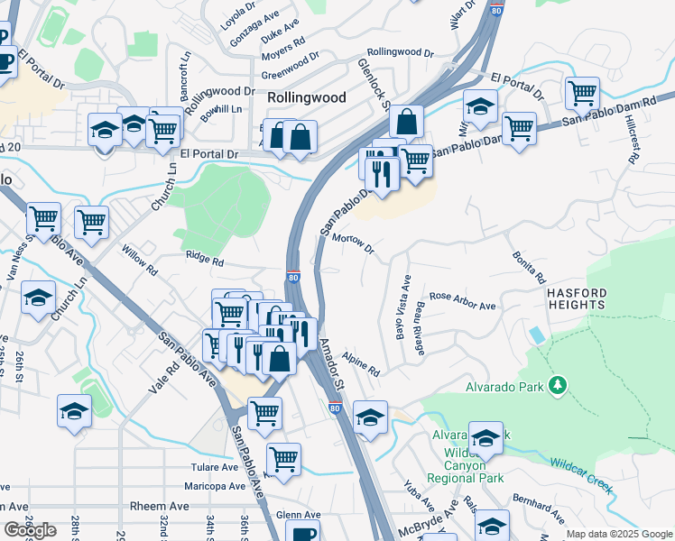 map of restaurants, bars, coffee shops, grocery stores, and more near 10 Alan Court in San Pablo