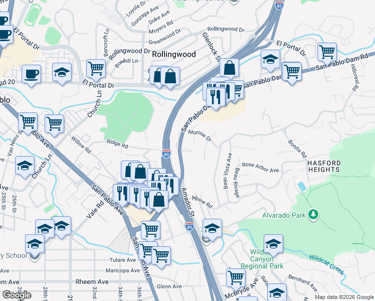 map of restaurants, bars, coffee shops, grocery stores, and more near 2999 San Pablo Dam Road in San Pablo
