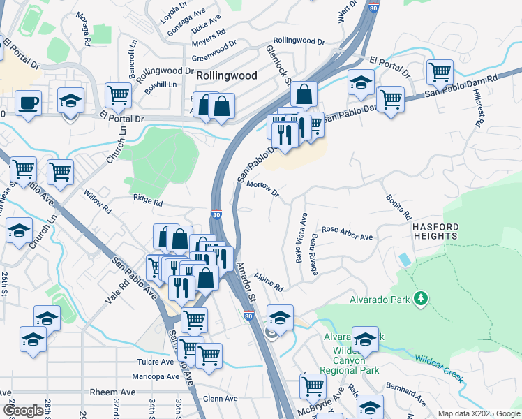 map of restaurants, bars, coffee shops, grocery stores, and more near 2990 San Pablo Dam Road in San Pablo
