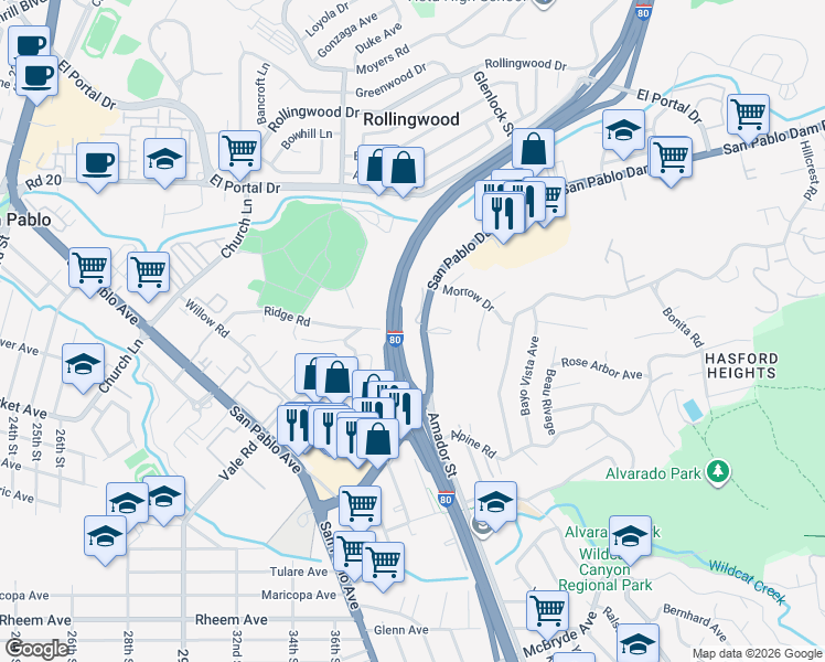map of restaurants, bars, coffee shops, grocery stores, and more near 2999 San Pablo Dam Road in San Pablo