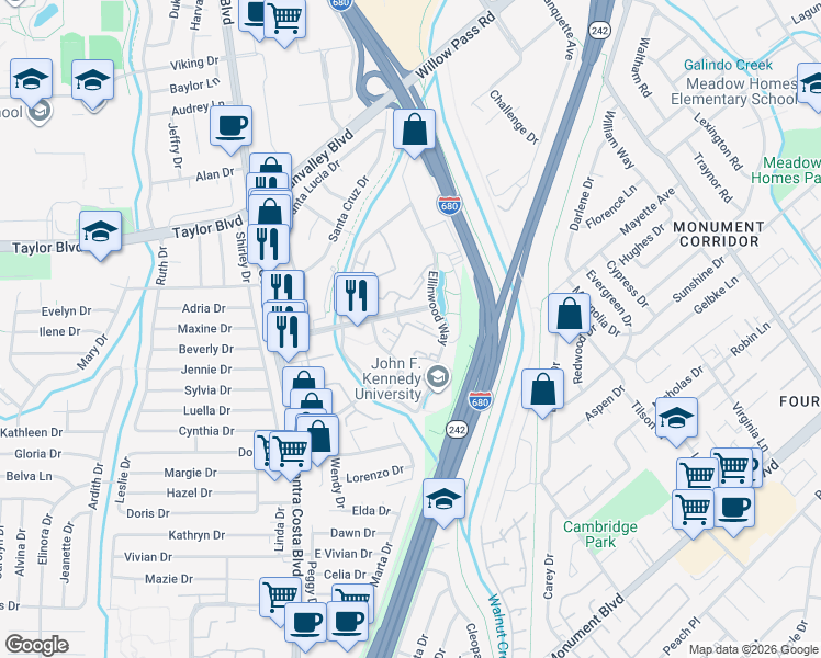map of restaurants, bars, coffee shops, grocery stores, and more near 637 Stonebridge Way in Pleasant Hill