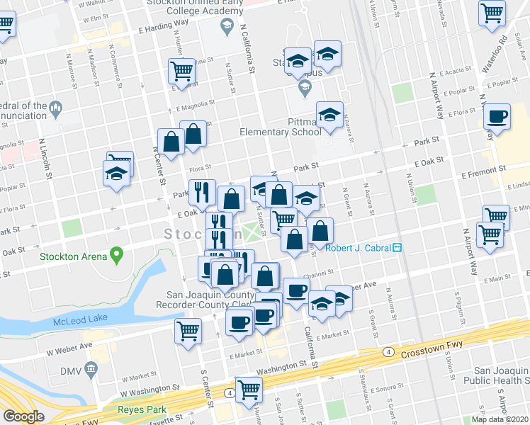 map of restaurants, bars, coffee shops, grocery stores, and more near 520 North Sutter Street in Stockton