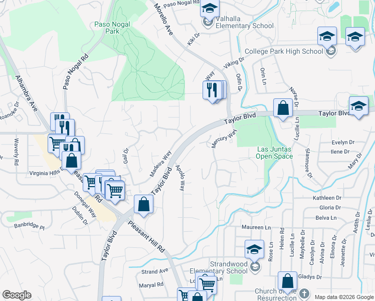 map of restaurants, bars, coffee shops, grocery stores, and more near 509 Wilbur Drive in Pleasant Hill