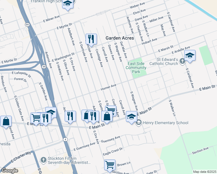 map of restaurants, bars, coffee shops, grocery stores, and more near 4400 Horner Avenue in Stockton