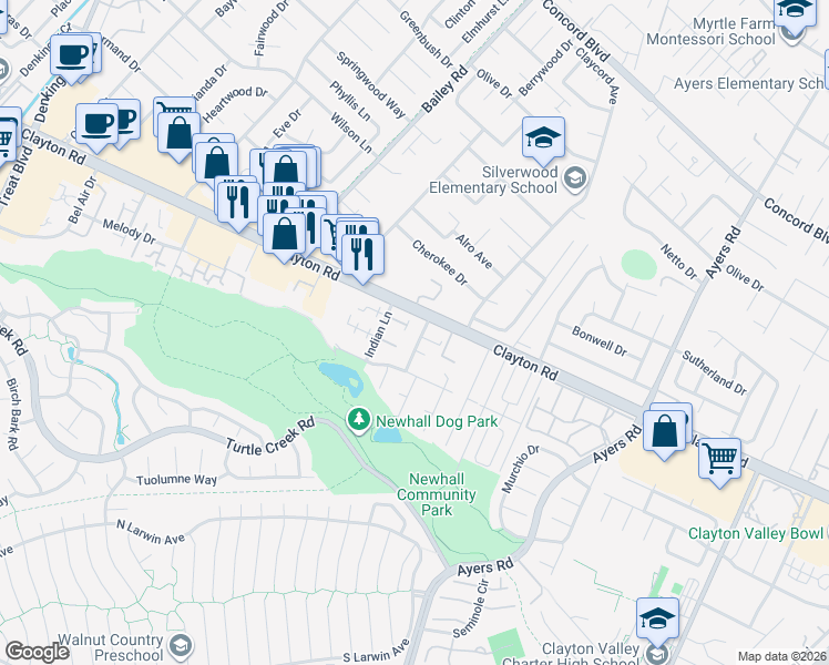 map of restaurants, bars, coffee shops, grocery stores, and more near 1491 Bassett Drive in Concord