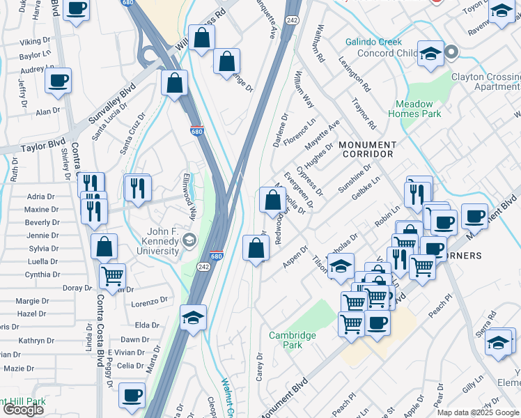 map of restaurants, bars, coffee shops, grocery stores, and more near 1381 May Court in Concord