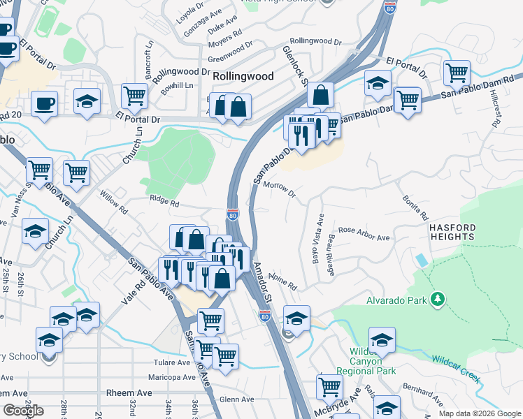 map of restaurants, bars, coffee shops, grocery stores, and more near 2999 San Pablo Dam Road in San Pablo