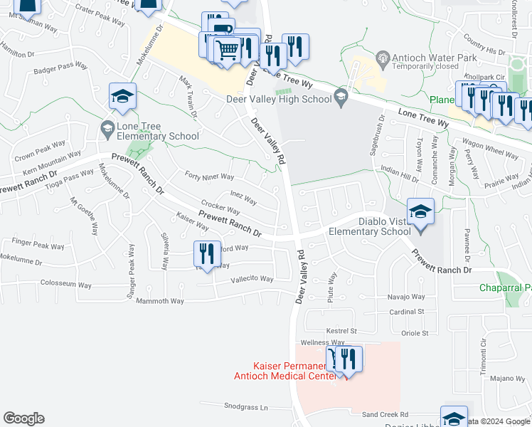 map of restaurants, bars, coffee shops, grocery stores, and more near 2524 Inez Way in Antioch