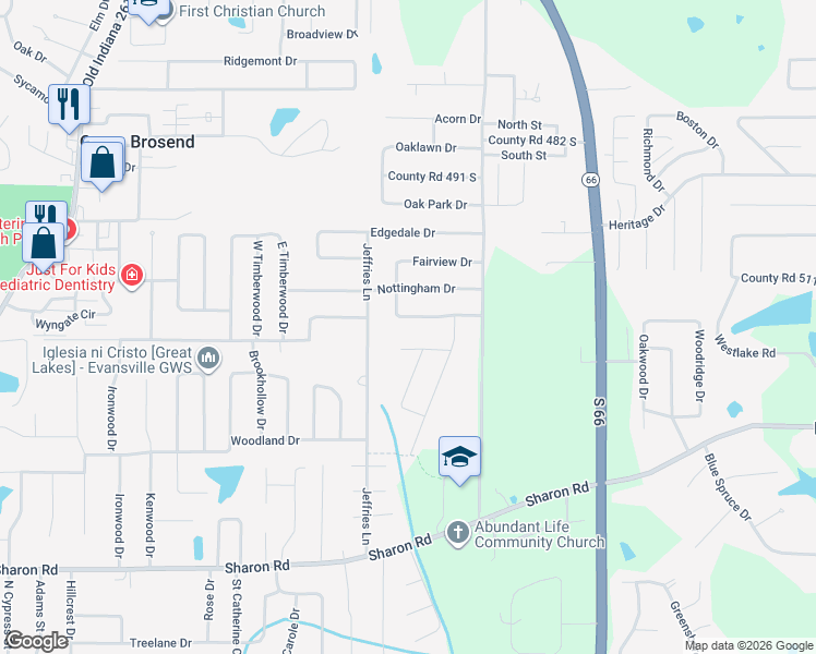 map of restaurants, bars, coffee shops, grocery stores, and more near 7399 County Road 526 S in Newburgh