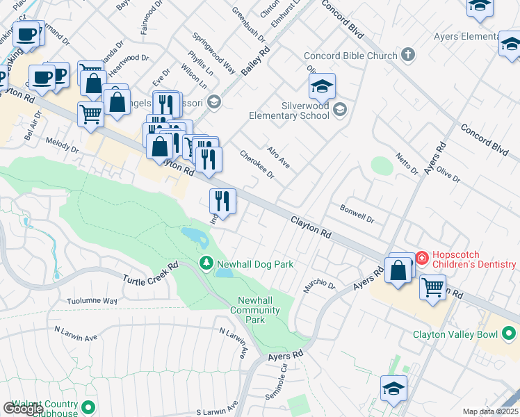 map of restaurants, bars, coffee shops, grocery stores, and more near 4860 Clayton Road in Concord