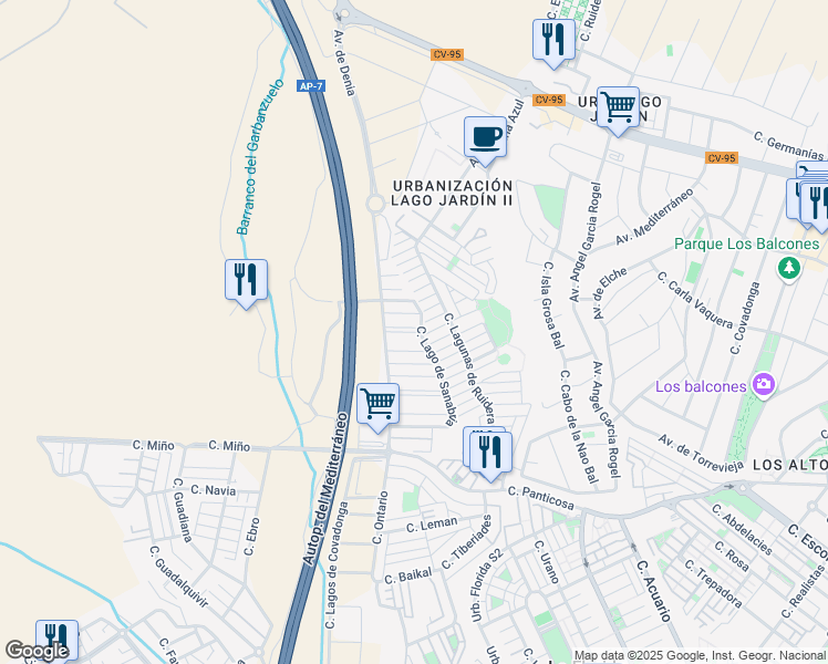 map of restaurants, bars, coffee shops, grocery stores, and more near Calle Laguna de Gallocanta in Alicante