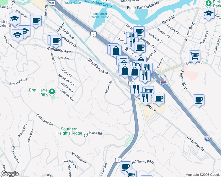 map of restaurants, bars, coffee shops, grocery stores, and more near 114 Auburn Street in San Rafael