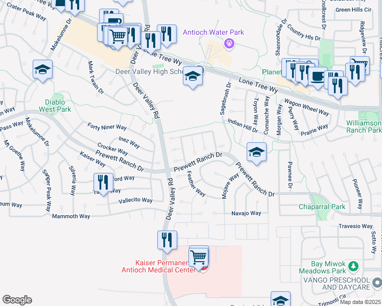 map of restaurants, bars, coffee shops, grocery stores, and more near 5124 Paddock Court in Antioch