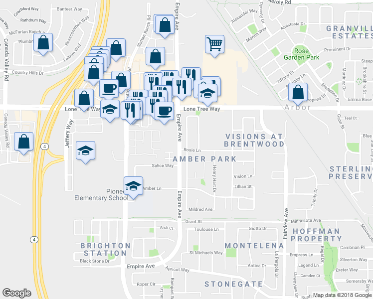 map of restaurants, bars, coffee shops, grocery stores, and more near Demartini Ln & Rosie Ln in Brentwood